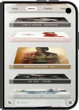 iPhone Duo with albums as a list, search, and Songs, Albums, Playlists, and Favorites.