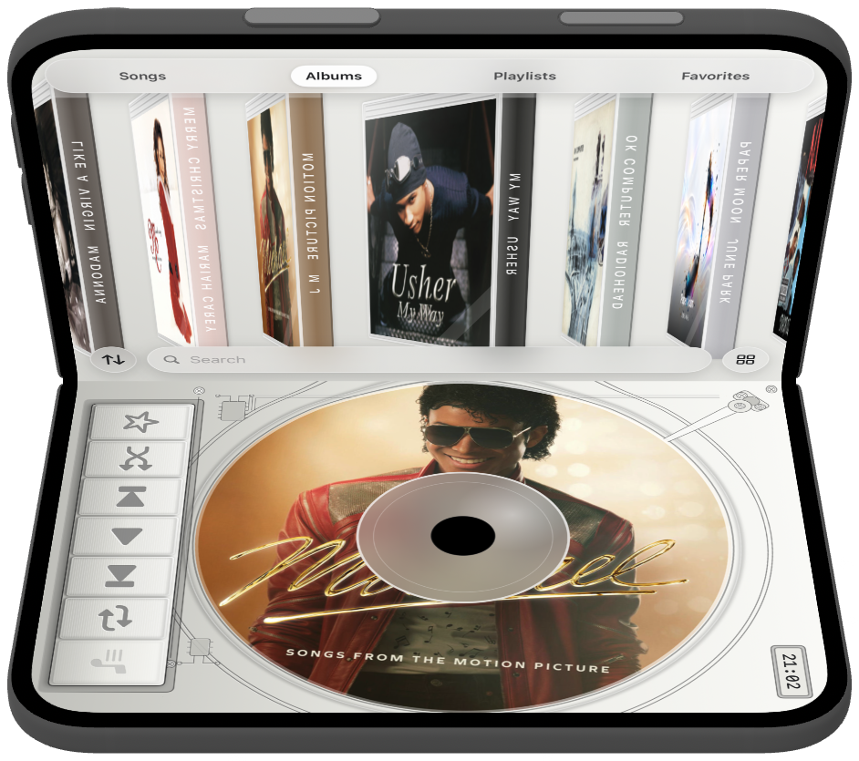 iPhone Duo opened like a laptop, albums on the lid and the disc on the base.