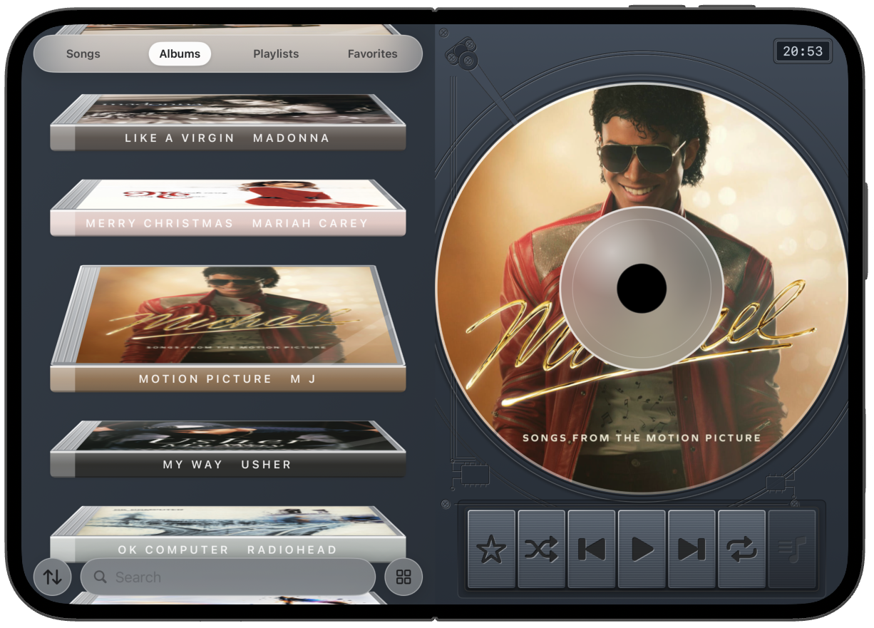 iPhone Duo open in Night Sky, albums beside the disc.