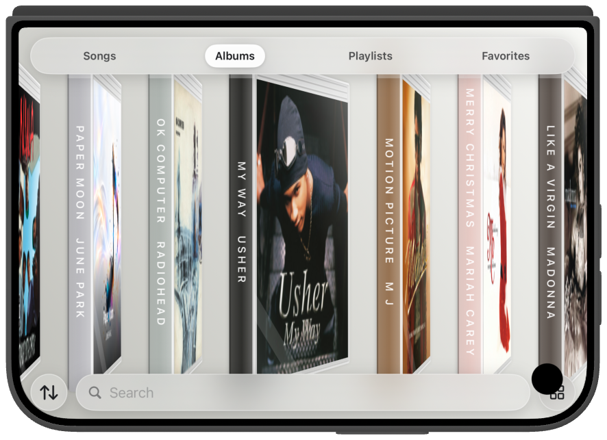 iPhone Duo stood in a tent, album spines facing forward.
